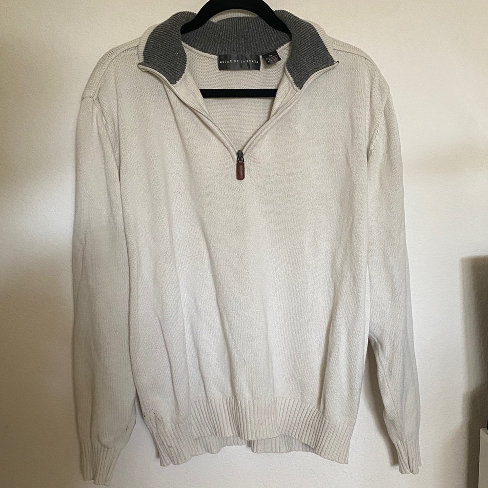 Oscar de la Renta Cream Zip-Up Sweater with Gray Collar